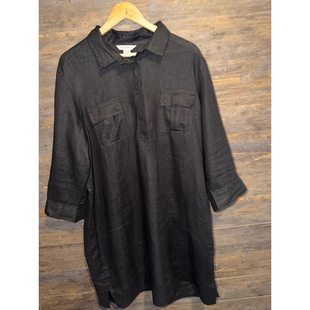 Tommy Bahama Women Black 100% Linen Shirt Dress XL Shift Midi TW66926